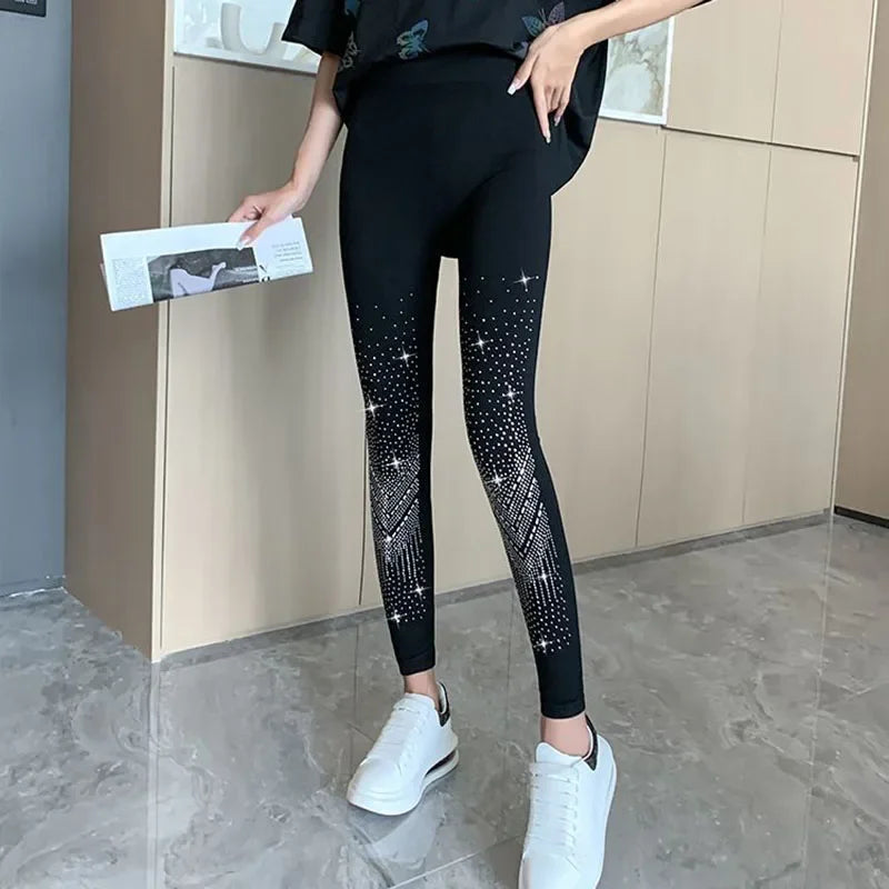 Xpqbb ブラック ストレッチ ラインストーン スキニーレギンス レディース 秋冬 厚手 ベルベット アンクル丈 パンツ トレンド 弾力性 キラキラ レギンス