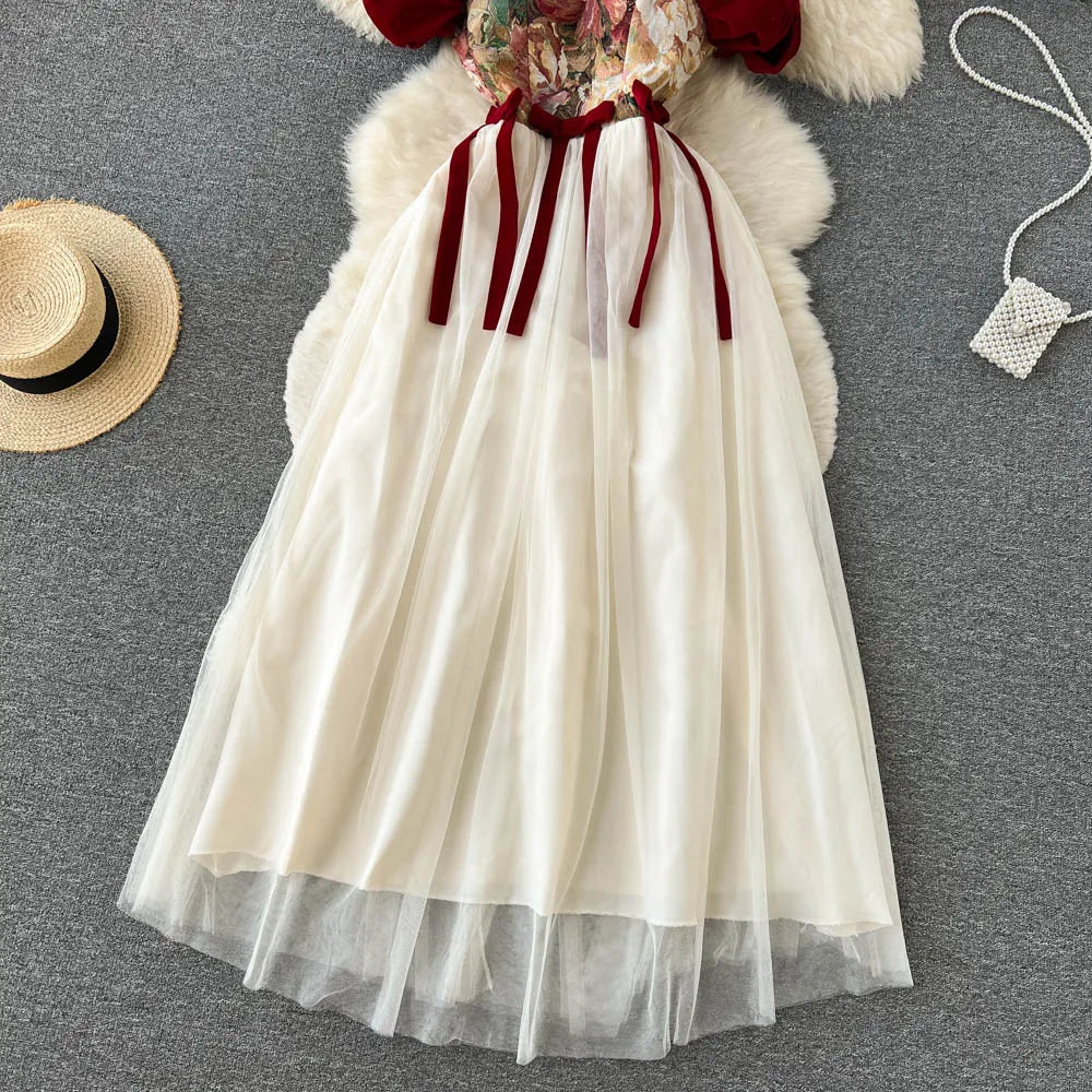 France Vintage Bow Mesh Wedding Runway Party Dresses Women Summer Fashion Elegant Strap Graduation Evening Vestidos Ladies Robe