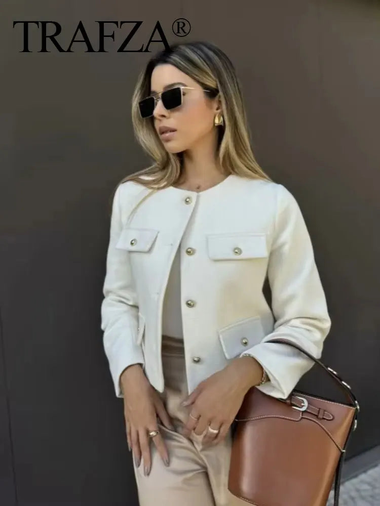 TRAFZA Women Vintage Solid Coat Button Long Sleeve O Neck Jacket With Pocket 2024 Autum Elegant Female Casual Outerwear Jakcet