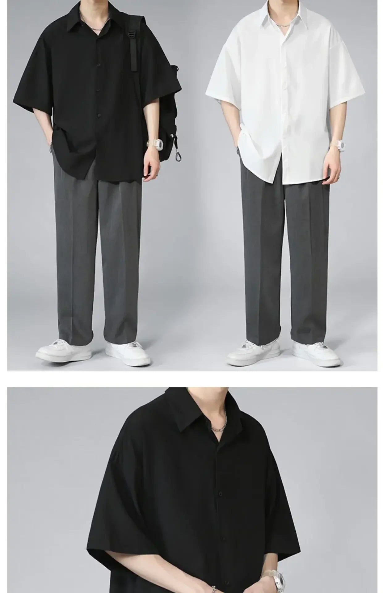 Men's Ice Silk Short Sleeve Shirt Casual Loose Fit Korean Style Trendy Black Shirt For Summer Thin Sleeve Casual