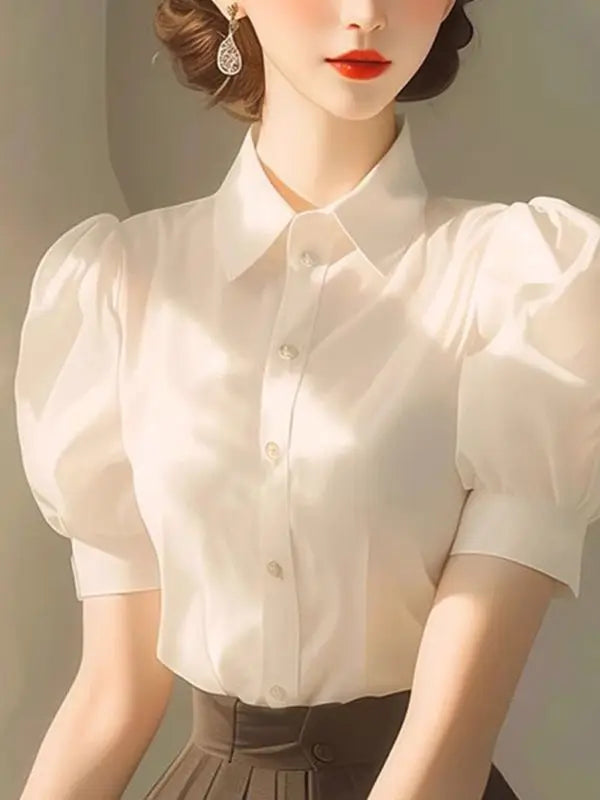 Elegant French Style Intelligent and Absolutely Beautiful White Stand Up Collar Puff Sleeve Blouse for Women's Summer Shirt