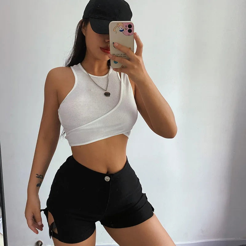 Sexy Streetwear Asymmetrical Tank Top Two Piece Vest Summer Clothes for Women Casual Ribbed Crop Tops