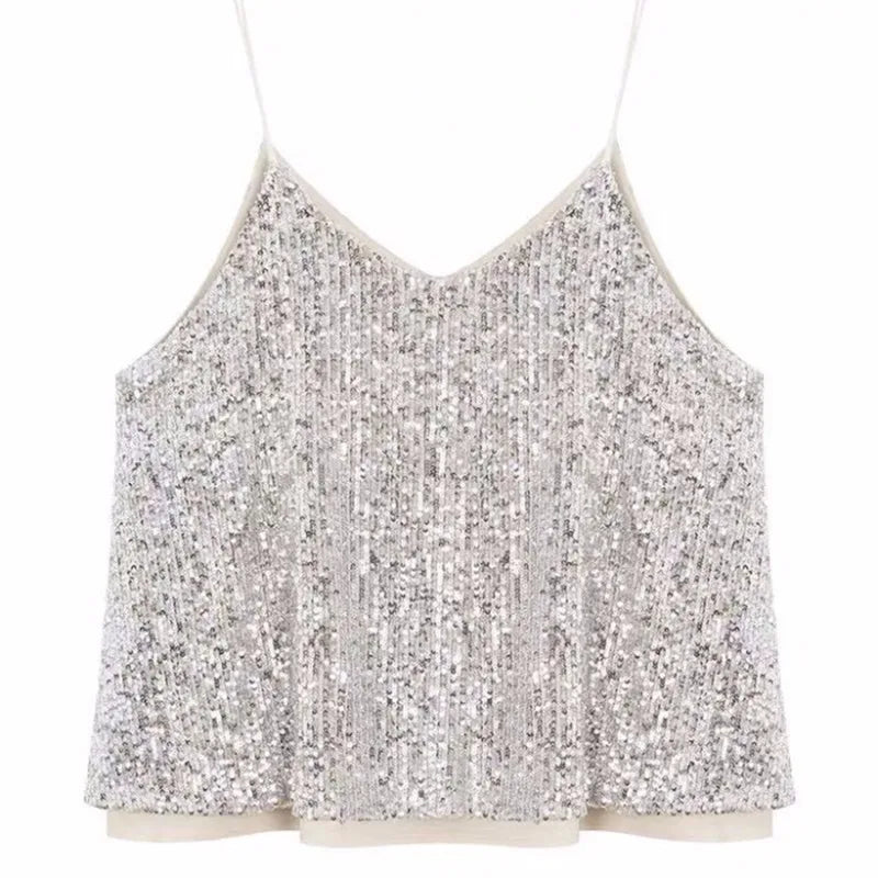 Women's Loose Casual Sequined Camisole Vest V Neck Shiny Sexy Sparkling Basic Top Fashionable Versatile Summer Top