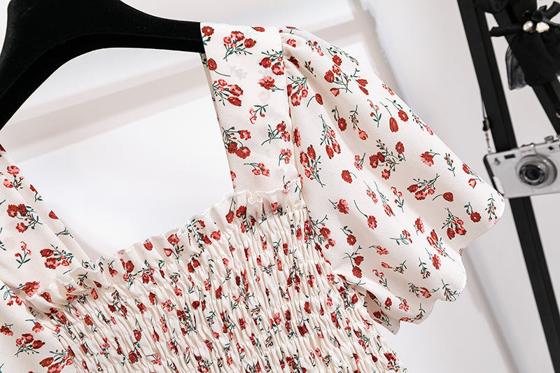 Summer Autumn Fashion Female Short Sleeve Elastic Waist Printed Floral A-line Midi Dress Women Chiffon Dresses Casual Dress