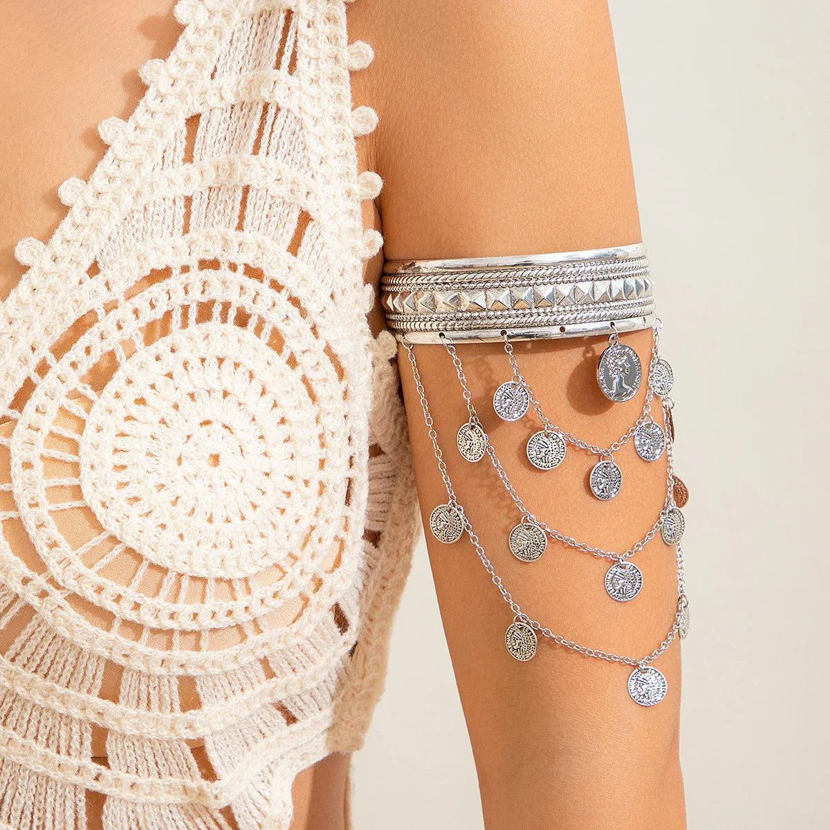 New Trendy Golden Metal Coin Leaf Chain Tassel Upper Arm Bangles Cuff Bracelet Armlet Armband Men Women Jewelry Accessories