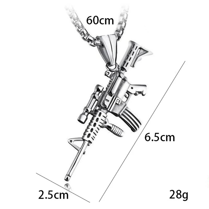 Men's Machine Gun Pendant Necklace Hip Hop Punk Black Gold Color Stainless Steel Chain Retro Accessories Hippie Rapper Jewelry