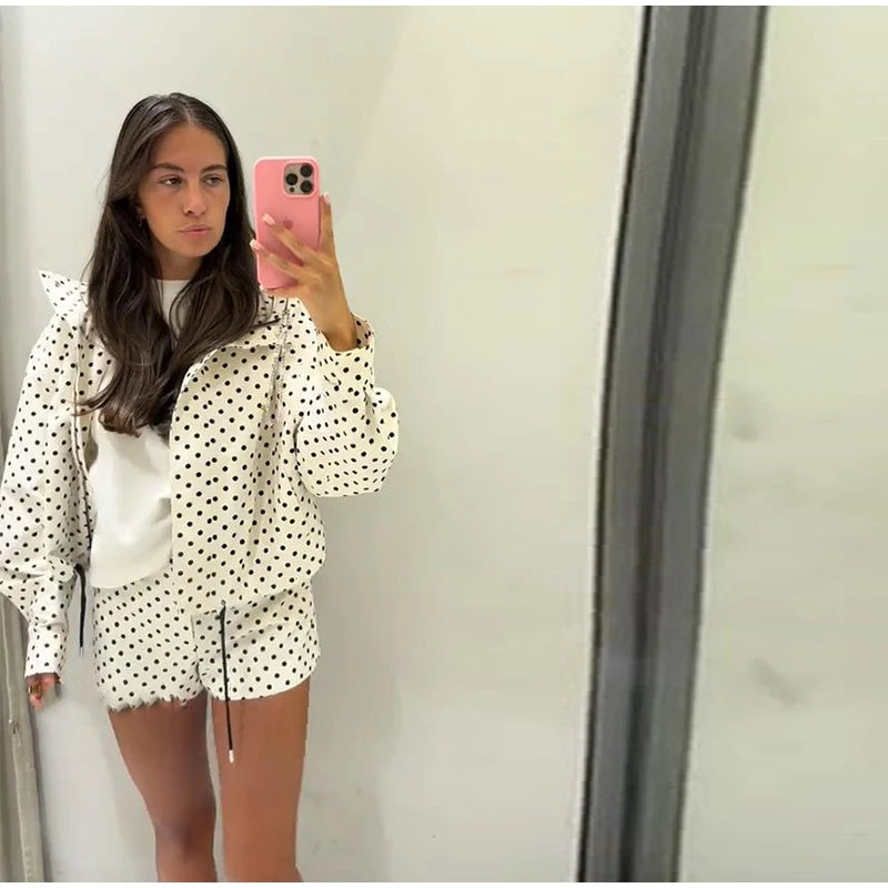 Polka Dot Print Shorts Coats Suits Women Loose High Neck Long Sleeves Zipper Drawstring Sets Female 2025 Autumn New Chic Set