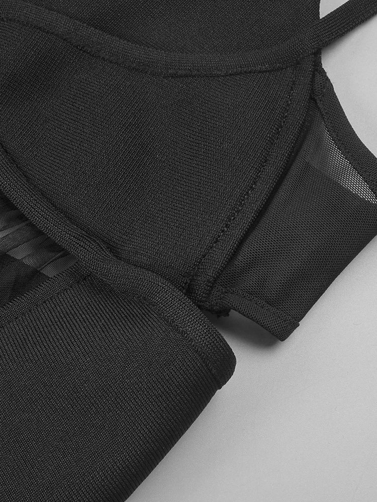 Sexy Spaghetti Strap Mesh Patchwork Hollow Out Bandage Dress Women Black Sleeveless V Neck Bodycon Dresses Evening Party Gowns