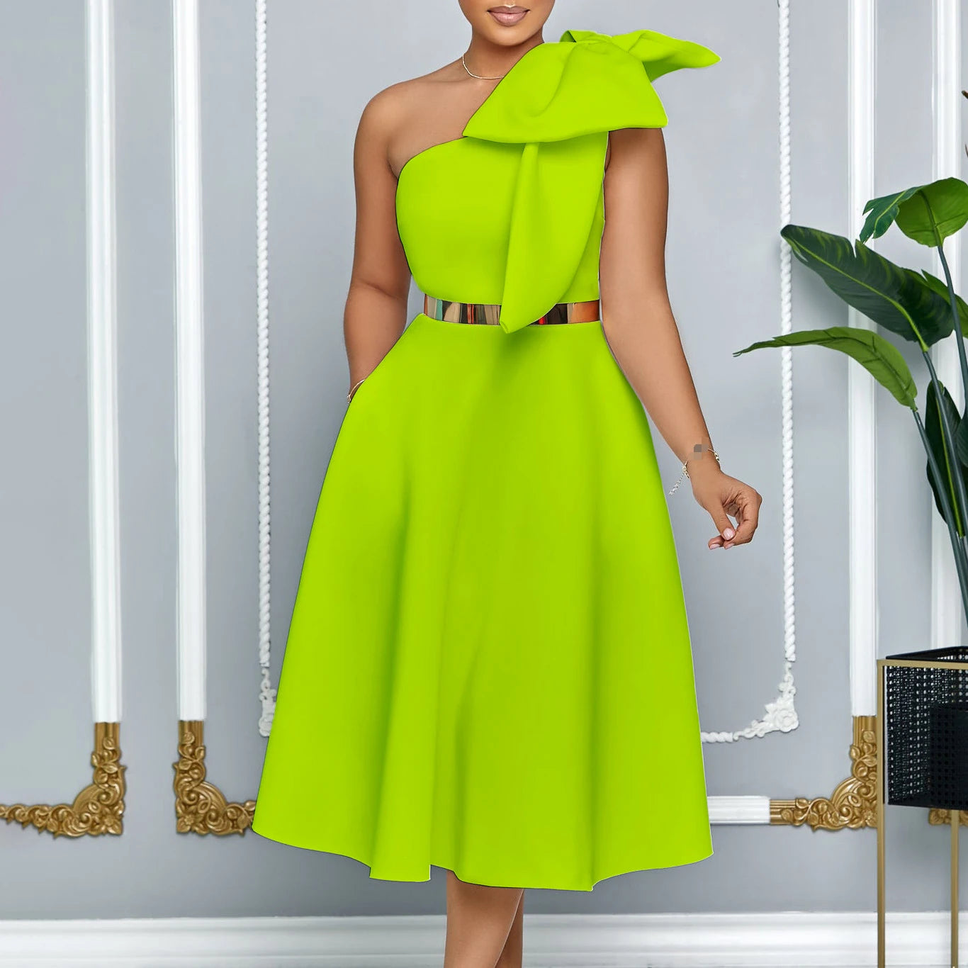 French One Shoulder A Line Pleated Birthday Party Dresses Women Bow Sleeveless Belt Large Skirt Elegant Women's Party Dress