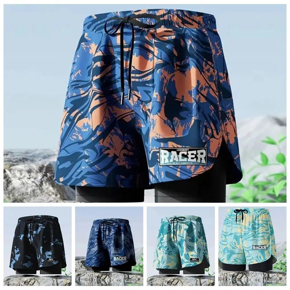 L-5XL Men's Swimming Trunks Swimsuit Printing Beach Pants Quick Drying Breathable Adult Double Layered Swimming Trunks Sports