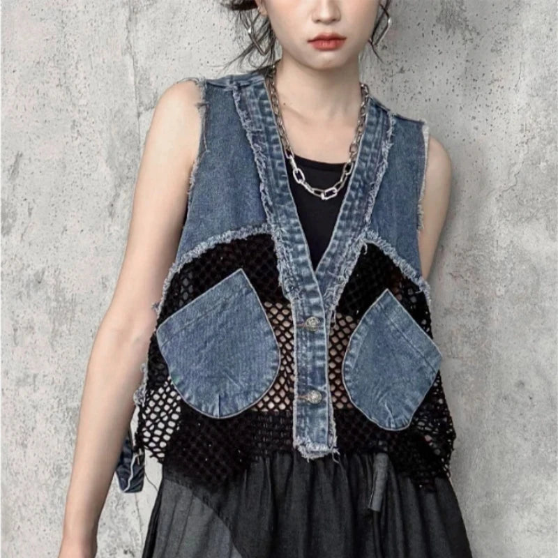 Grid Stitching V-Neck Denim Vest Women's Summer Fried Street Fashion Brand Loose Burrs Short Sleeveless Vests Jackets Female