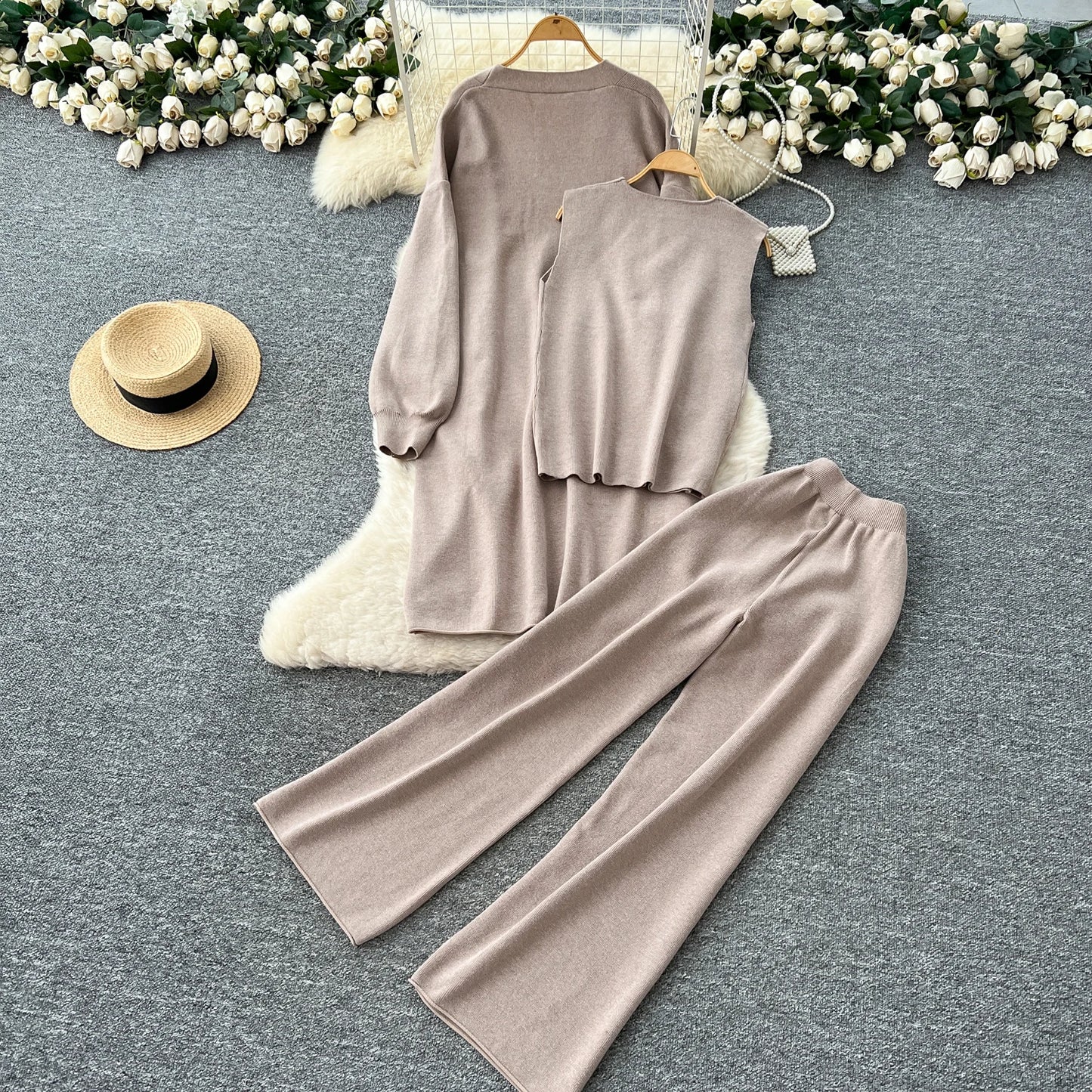 SINGREINY Autumn Knitted Warm Suits V Neck Buttons Vest+Full Sleeve Long Cardigans+Wide Legs Pants Women Solid Three Pieces Sets