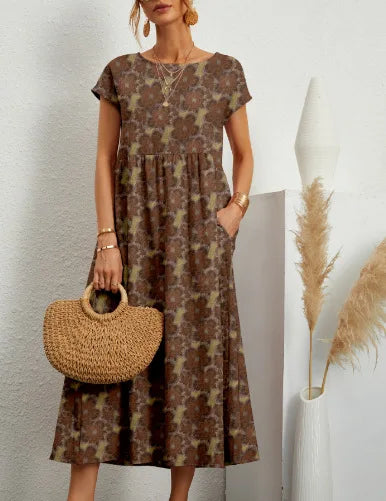 Fashion Women's Cotton and Linen Dress, Round Neck Printed Short Sleeved A-line Maxi Skirt, Unique Floral Long Dresses Vestidos