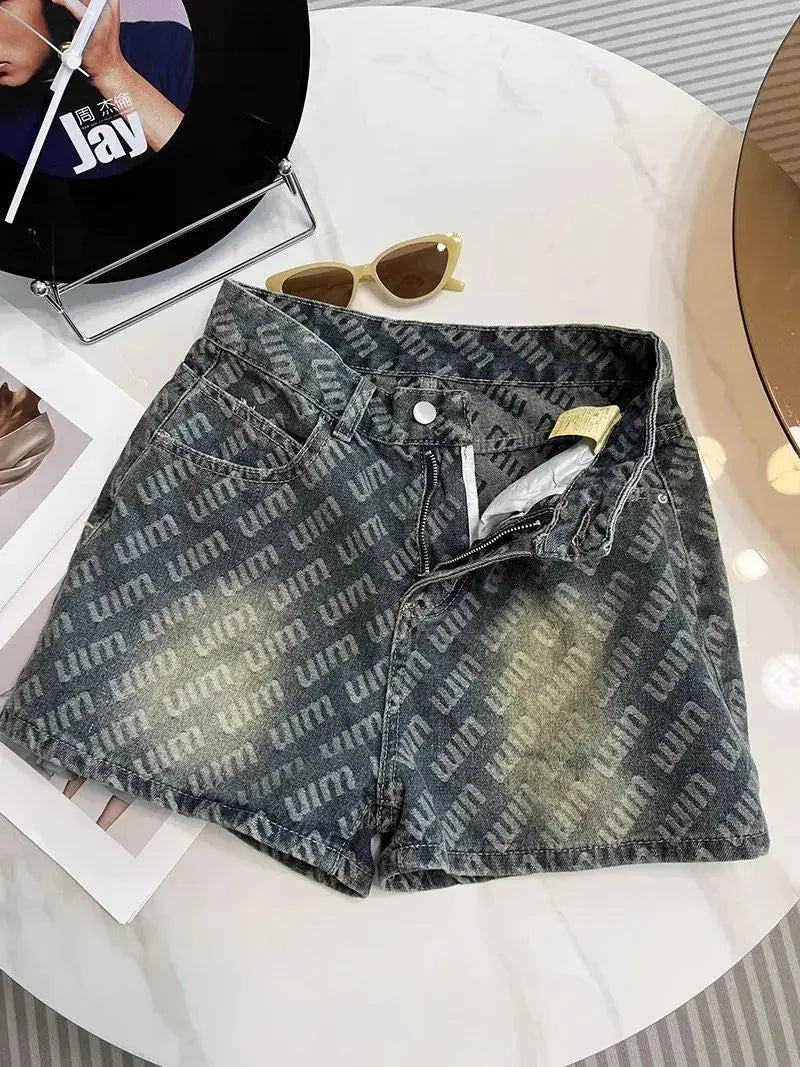 Letter Printed Denim Shorts Women Design High Waist Loose Slimming Wide-leg A-line Hot Pants