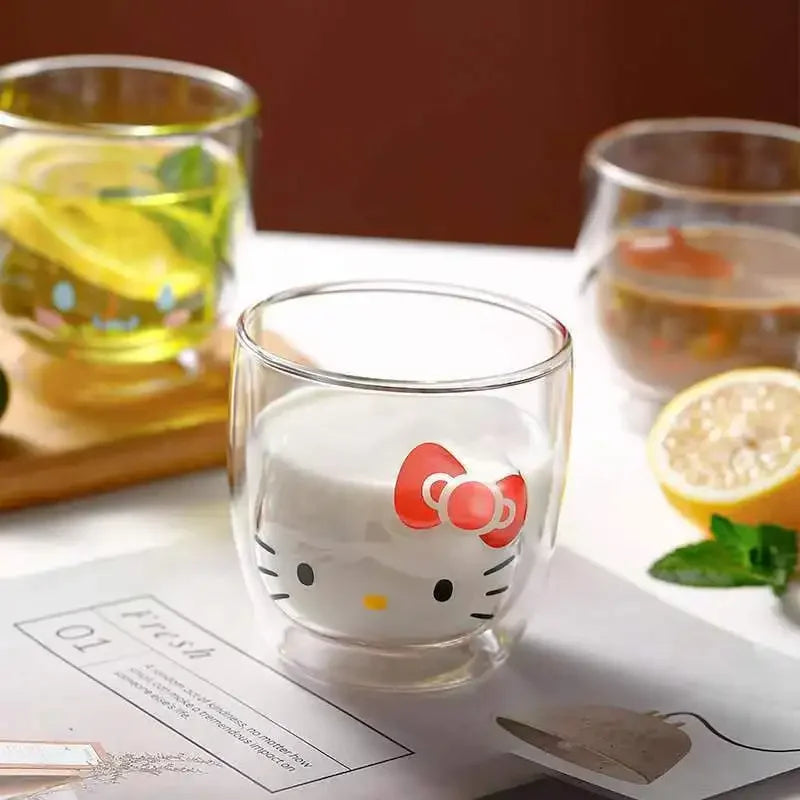 Sanrio Hello Kitty Cute Glass Cup Transparent Coffee Milk Water Cups Cinnamoroll Kuromi My Melody 300ml Student Milk Heat Gift