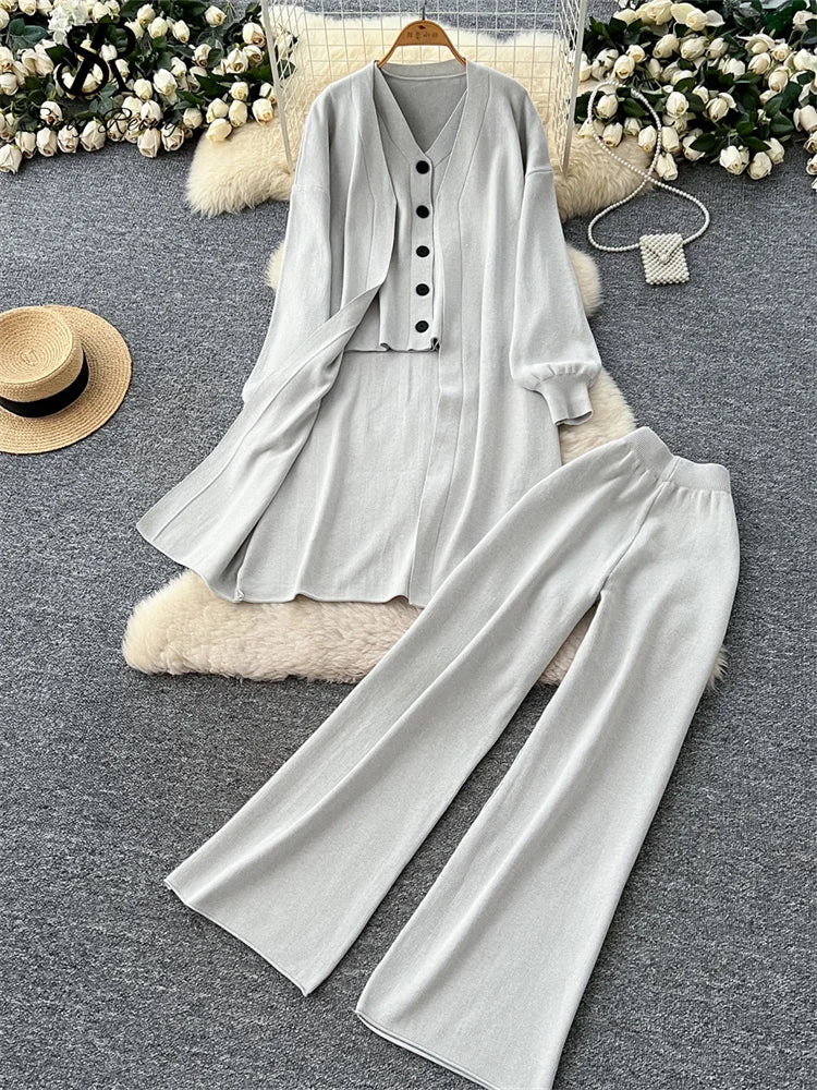 SINGREINY Autumn Knitted Warm Suits V Neck Buttons Vest+Full Sleeve Long Cardigans+Wide Legs Pants Women Solid Three Pieces Sets