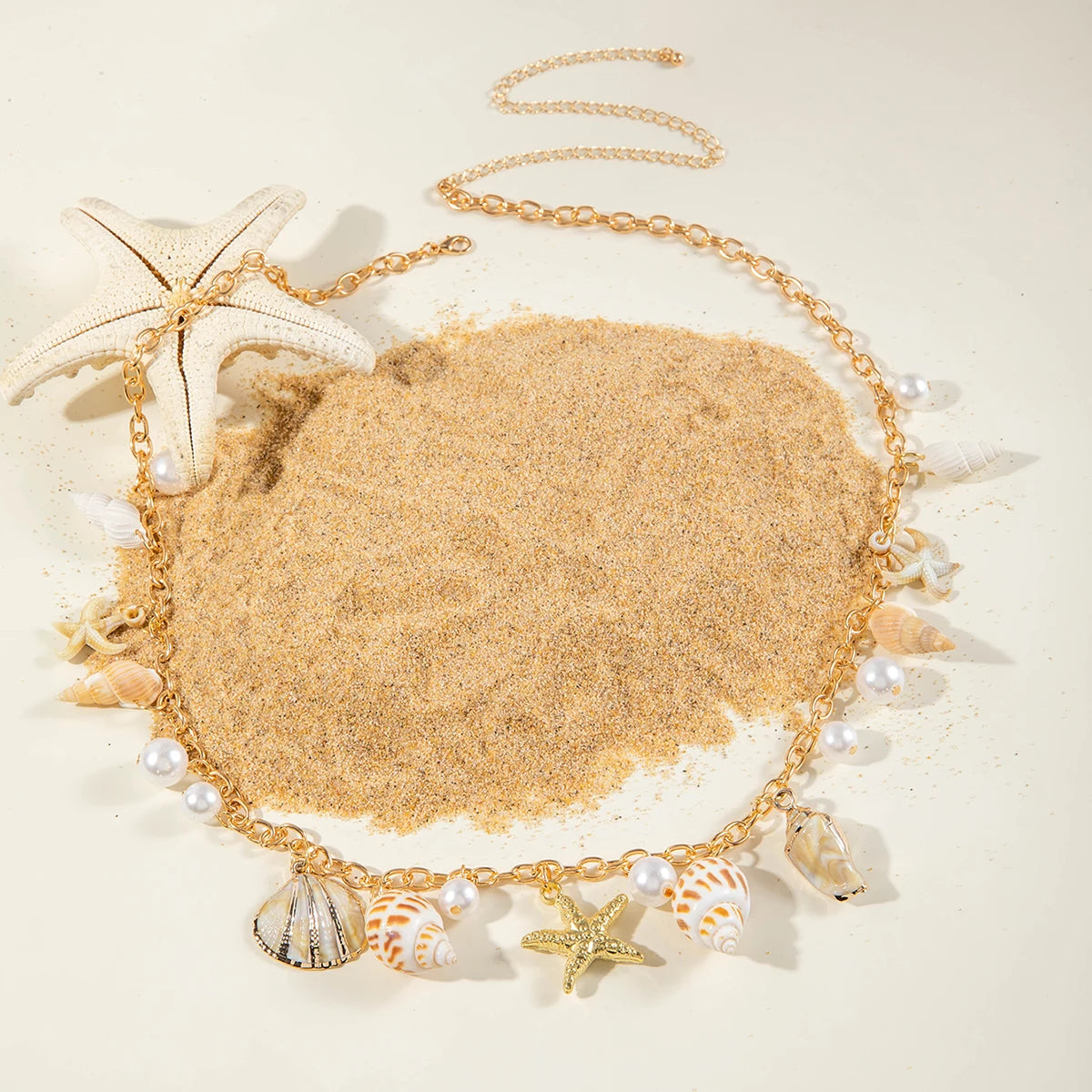 Docona Bohemian Sea Star Conch Waist Chain Women Summer Beach Party Shell Imitation Pearl Body Chain Holiday Accessories