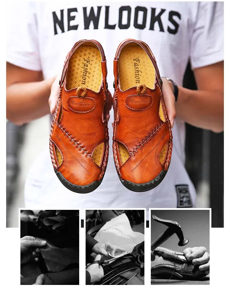 Sandals Man Summer 2023 Leather Slides Breathable Rome Male Outdoor Beach Platform Slippers Soft Hot Sale Men Flat Sandals
