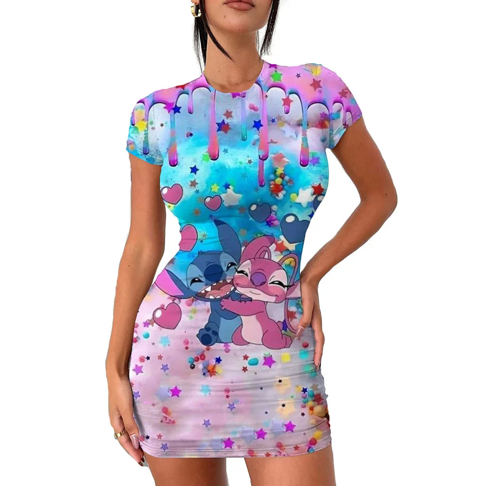 2022 Disney Stitch 3D Cartoon Print Tight Dress Short Sleeve Women's Tight Mini Dress Hip Print Kawaii beach party Women's Dress