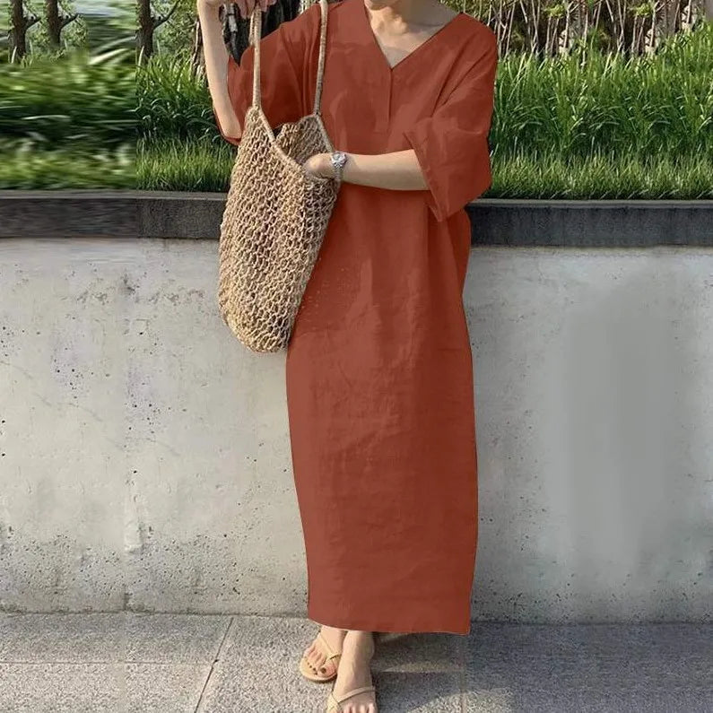 Women V Neck Button Short Sleeve Loose Maxi Dresses Summer Casual Female Holiday Beachwear Solid Color Cotton Linen Party Dress