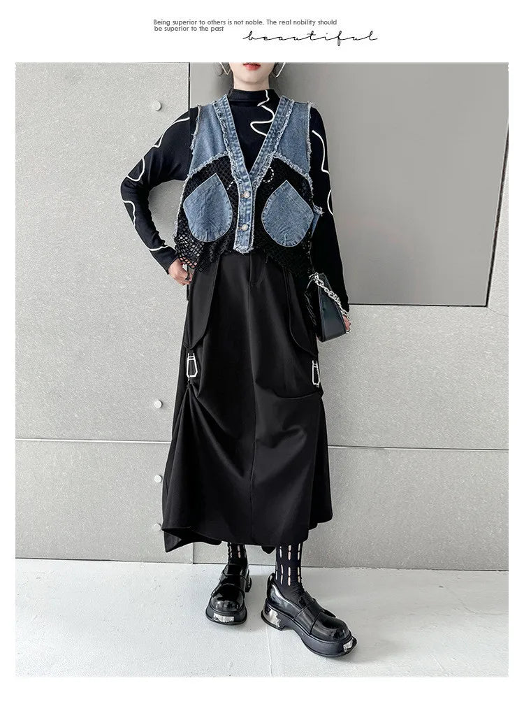 Grid Stitching V-Neck Denim Vest Women's Summer Fried Street Fashion Brand Loose Burrs Short Sleeveless Vests Jackets Female
