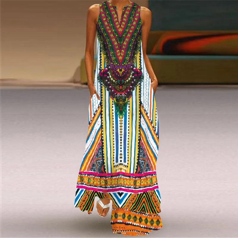 Summer Sexy Maxi Dresses Women Sleeveless V-Neck Robe Party 2025 Retro Loose Beach Vestidos Y2k S-5XL