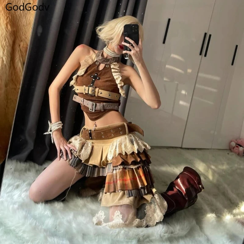 Punk Style Vintage Elegant Y2K Woman 2 Piece Sets Gothic Sleveless Crop Tops +High Waist Ruffle Skirt Female Party Chic Outfits