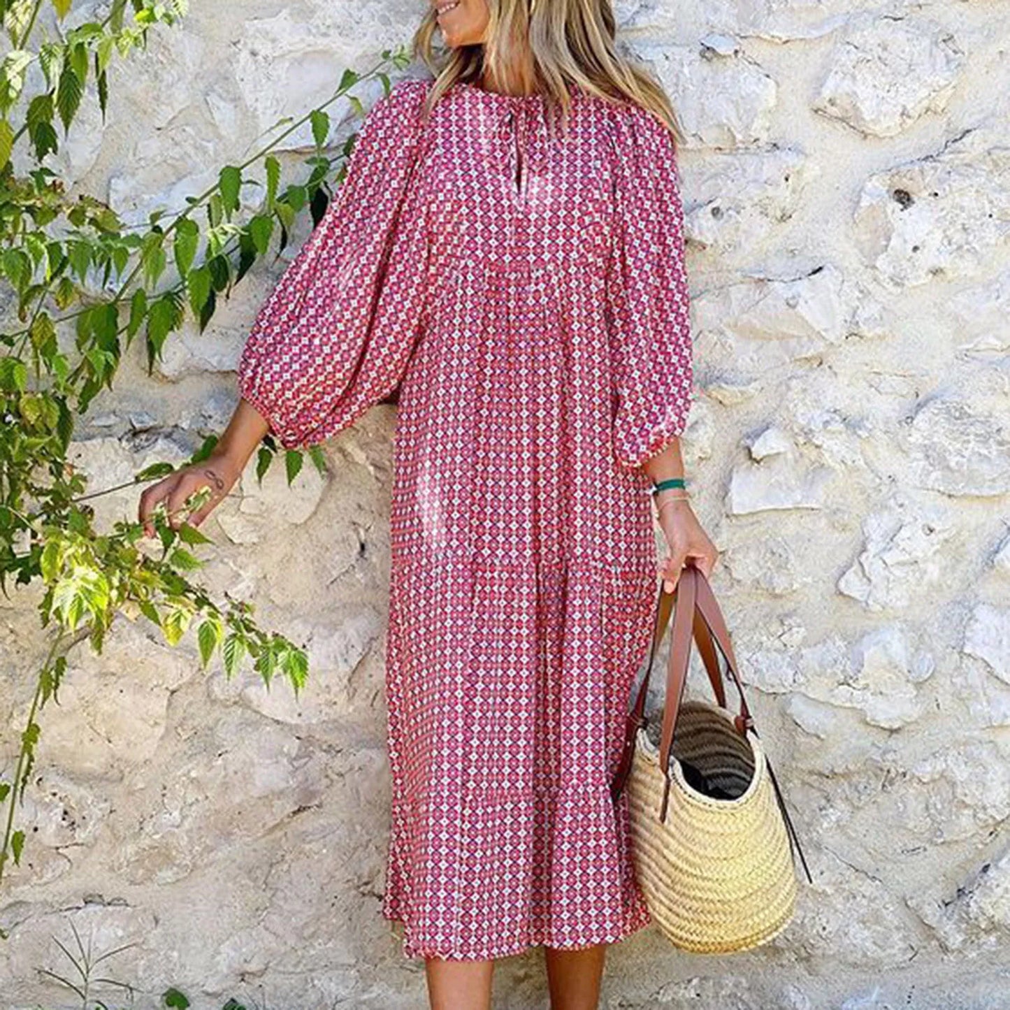 Women's Summer Casual Fashion Geometric Print Neckline Lace-up Bubble Middle-sleeves Ruffle Stitching Big Swing Long Losse Dress