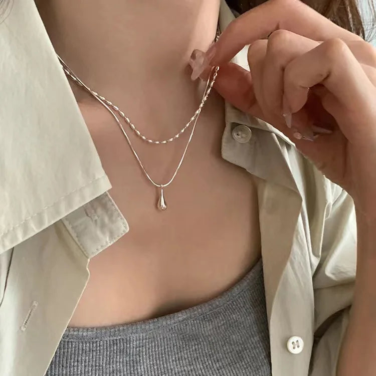 925 Sterling Silver Simple Design Drop Pendant Necklace for Women Double Collar Chain Fashion Fine Jewelry Gifts