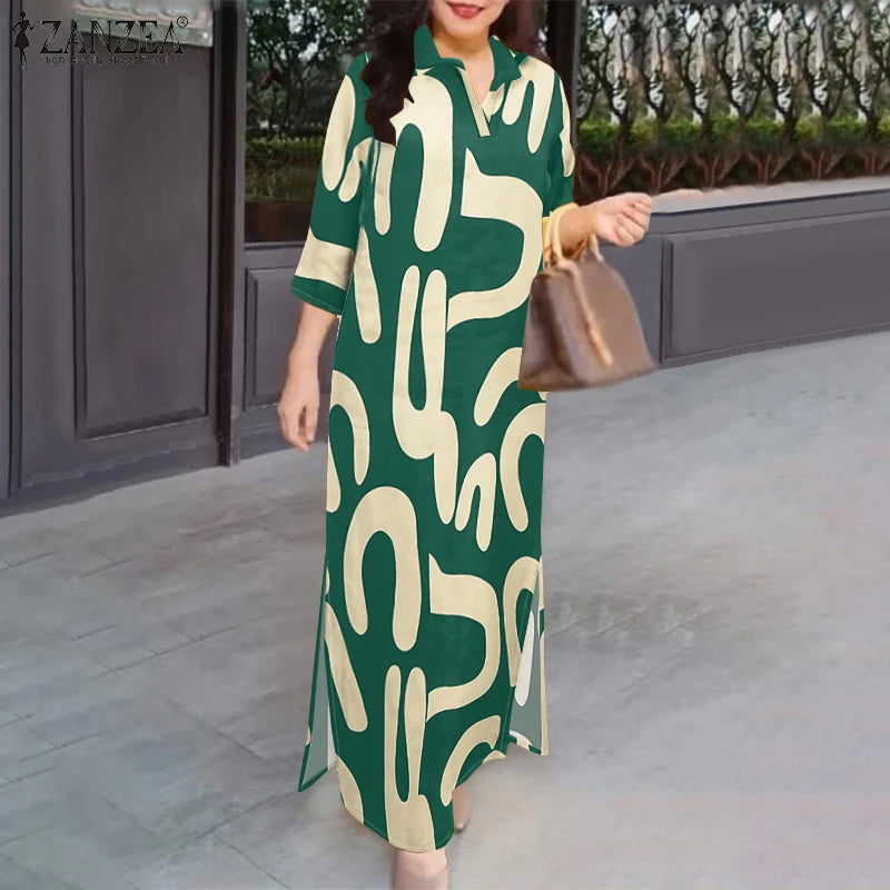 2025 ZANZEA Fashion Autumn Printed Dresses Women Maxi Long Dress Lapel Neck Long Sleeve Robe Casual Kaftan Vestidos Oversize