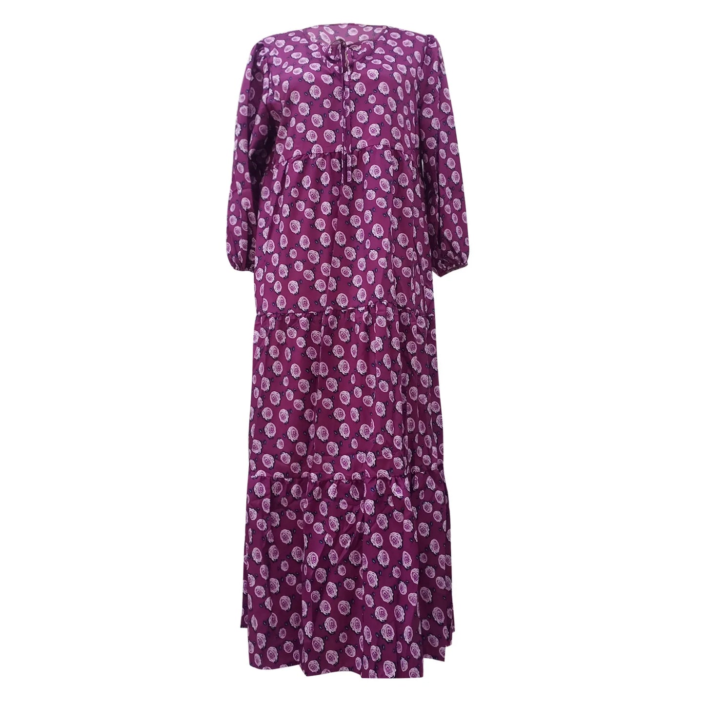 Women's Summer Casual Fashion Geometric Print Neckline Lace-up Bubble Middle-sleeves Ruffle Stitching Big Swing Long Losse Dress