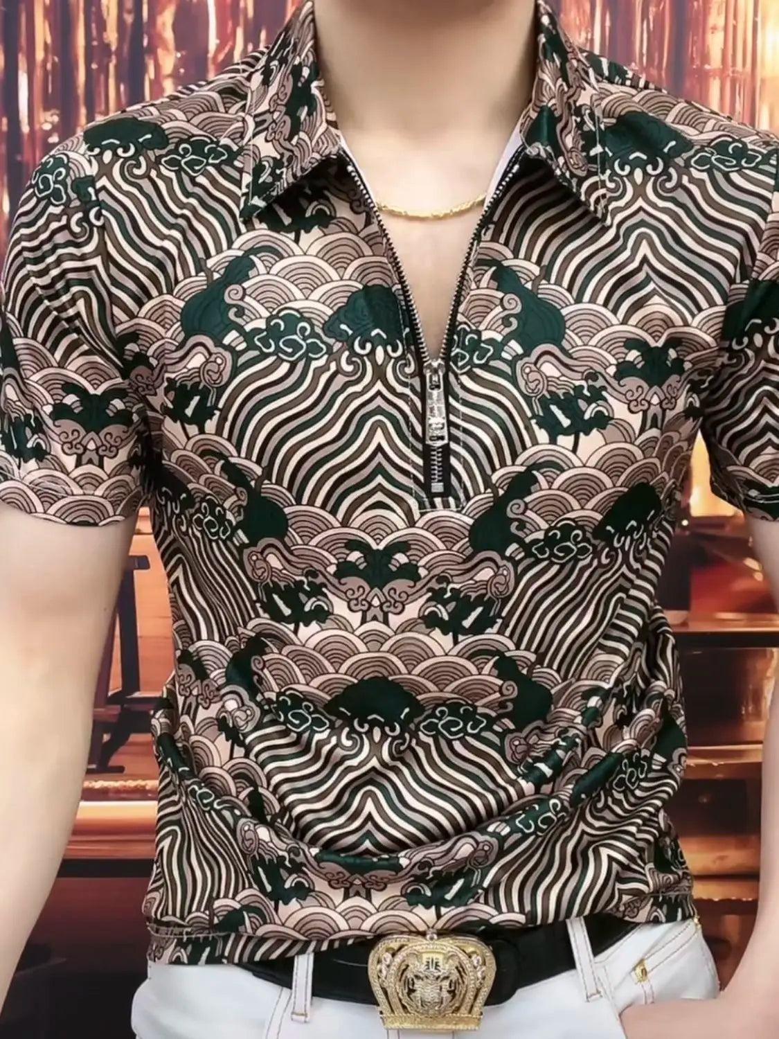 New Chinese Trend Leading Half-zip Men's Short-sleeved Shirt, Hong Kong Style Top