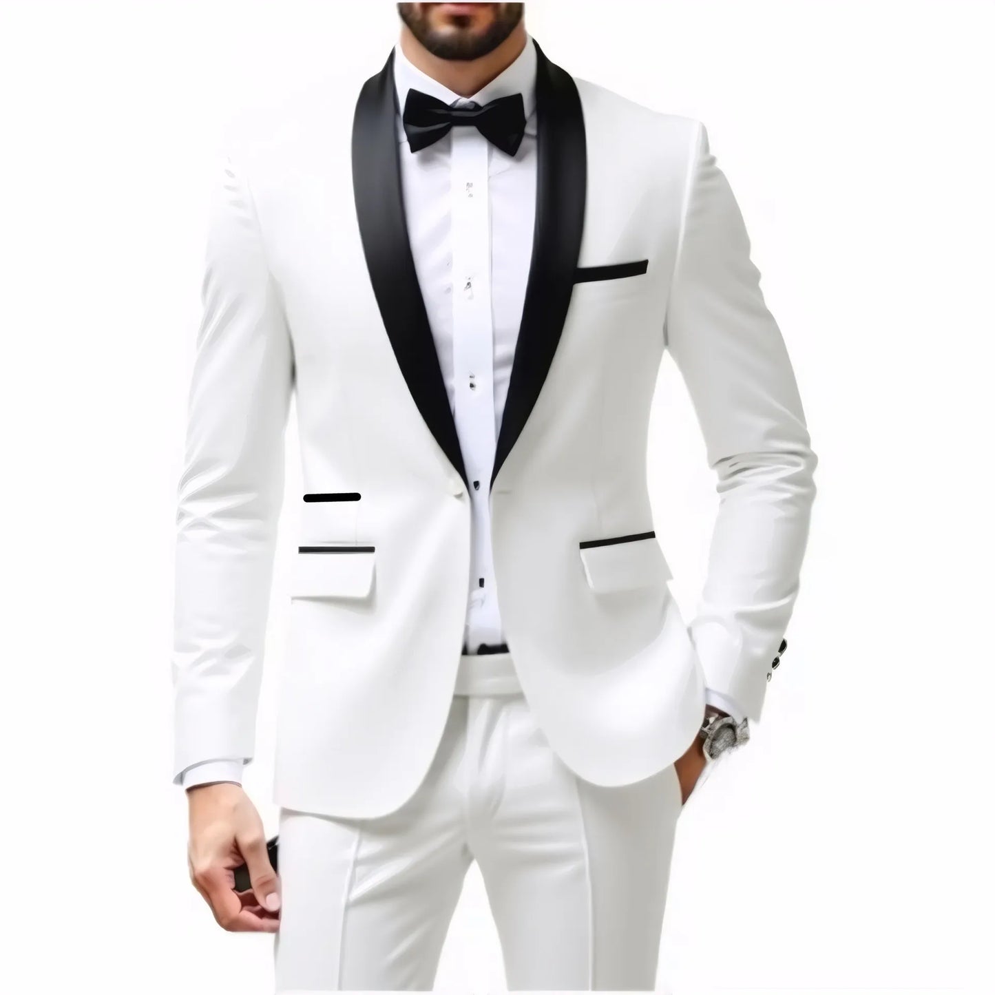 A Two-piece Suit for Men with A Green Collar, A Wedding Suit for The Groom, A Fitted Black Best Man's Suit, and A Wedding Dress