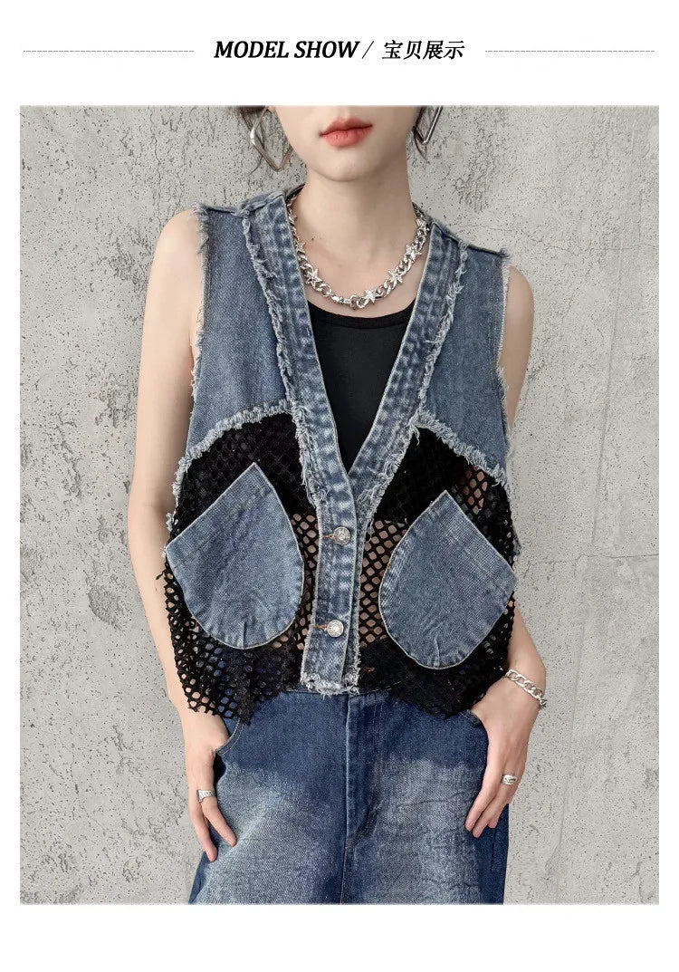 Grid Stitching V-Neck Denim Vest Women's Summer Fried Street Fashion Brand Loose Burrs Short Sleeveless Vests Jackets Female