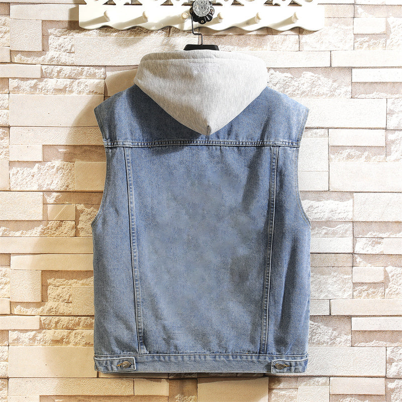 2025 Men's Spring/Summer Autumn Denim Vest Jacket Teenagers Black Leisure Hooded Vests Coat Plus Size Waistcoat M-5XL