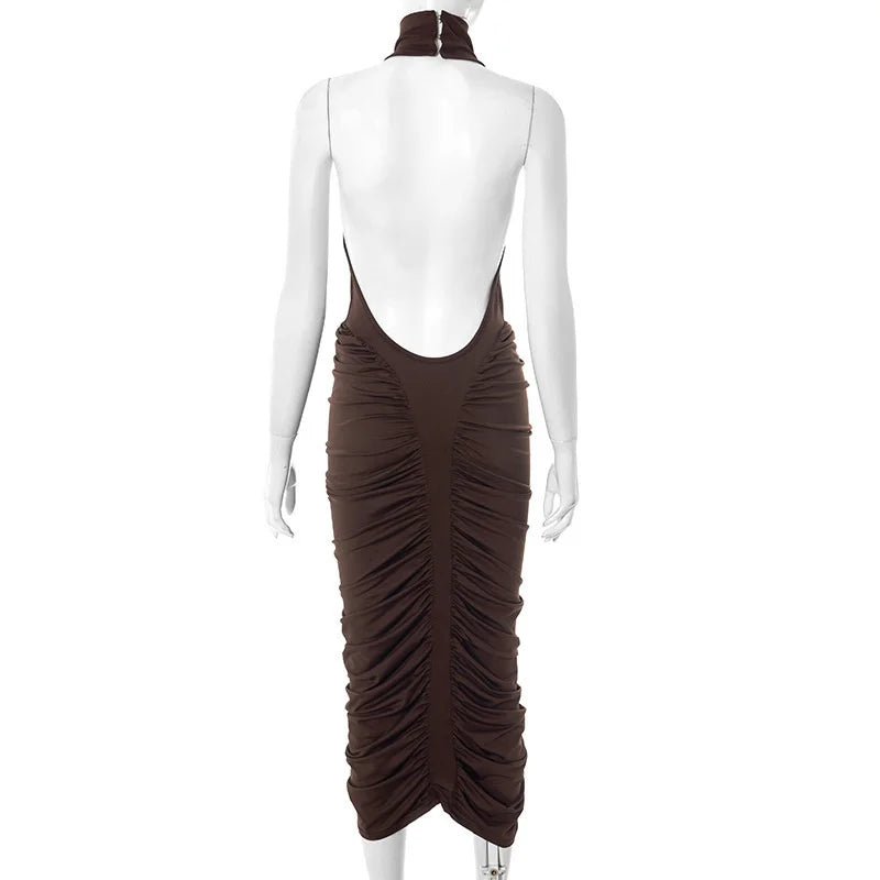 Mozision Turtleneck Backless Ruched Sexy Maxi Dress Women Brown Off-shoulder Backless Bodycon Club Party Long Dresses Female