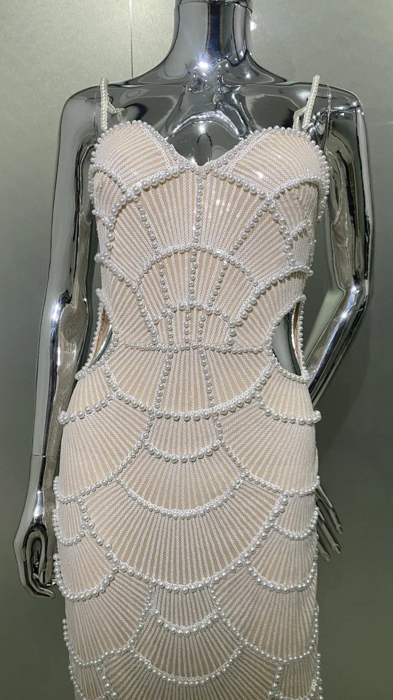 Deluxe Exquisite Sequin Beaded Sexy Hollow Suspender Dress Celebrity Birthday Party Dinner Dress Sweet Date Prom Dress