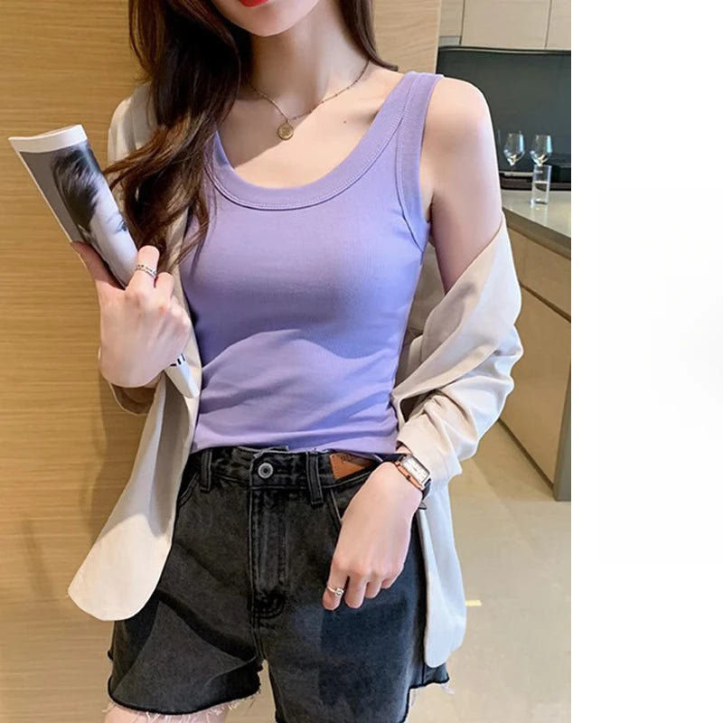 I-Shaped Tank Women Inner Outer Wear Sleeveless Bottoming Shirt Summer Thread Vest Slim-Fit Cover Supernumerary Breast Tops