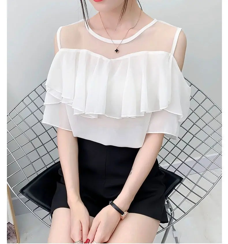 Off Shoulder Sexy Chiffon Blouses Women 2025 Summer Korean Fashion Clothes Ruffles Slim Sweet Ladies Casual Lace Tops Shirts Y2k