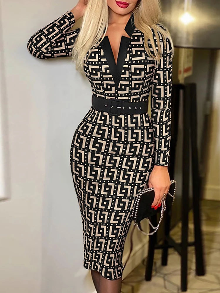 New Women Printing Office Lady Long Sleeve Party Dress Spring Autumn Deep V-Neck Slim Ladies Dress Belt Streetwear Dropshipping