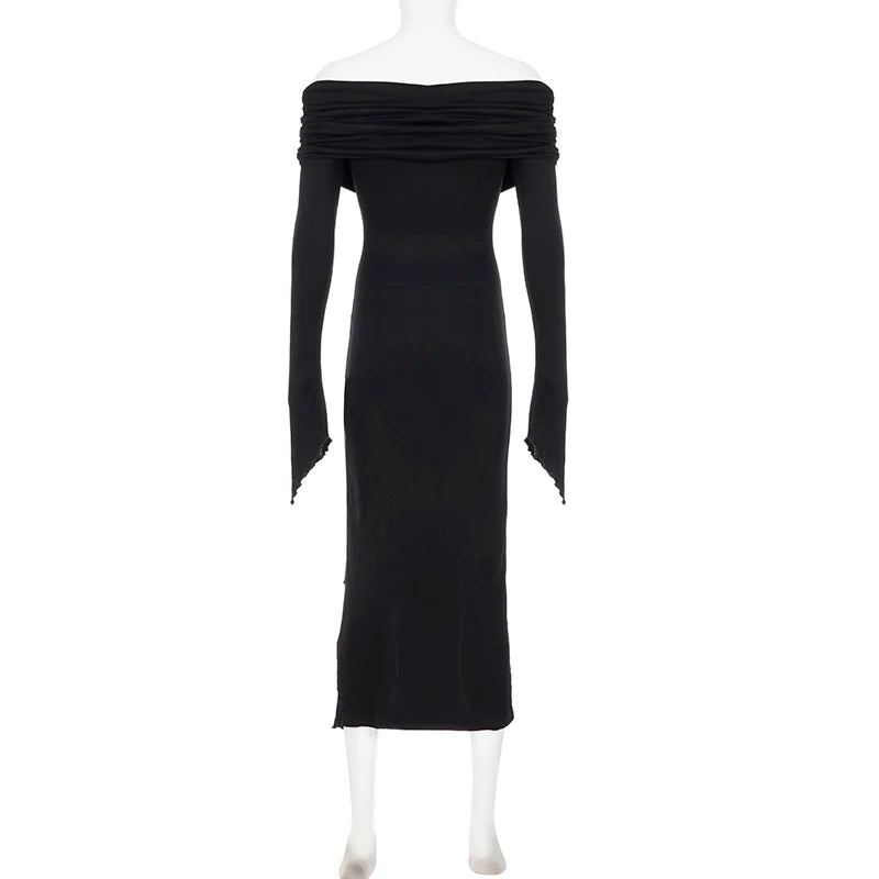 SUCHCUTE Elegant Off Shoulder Ruffles Split Long Dress Black Fashion Long Sleeve Party Dresses Women Beach Vacation Outfits 2024