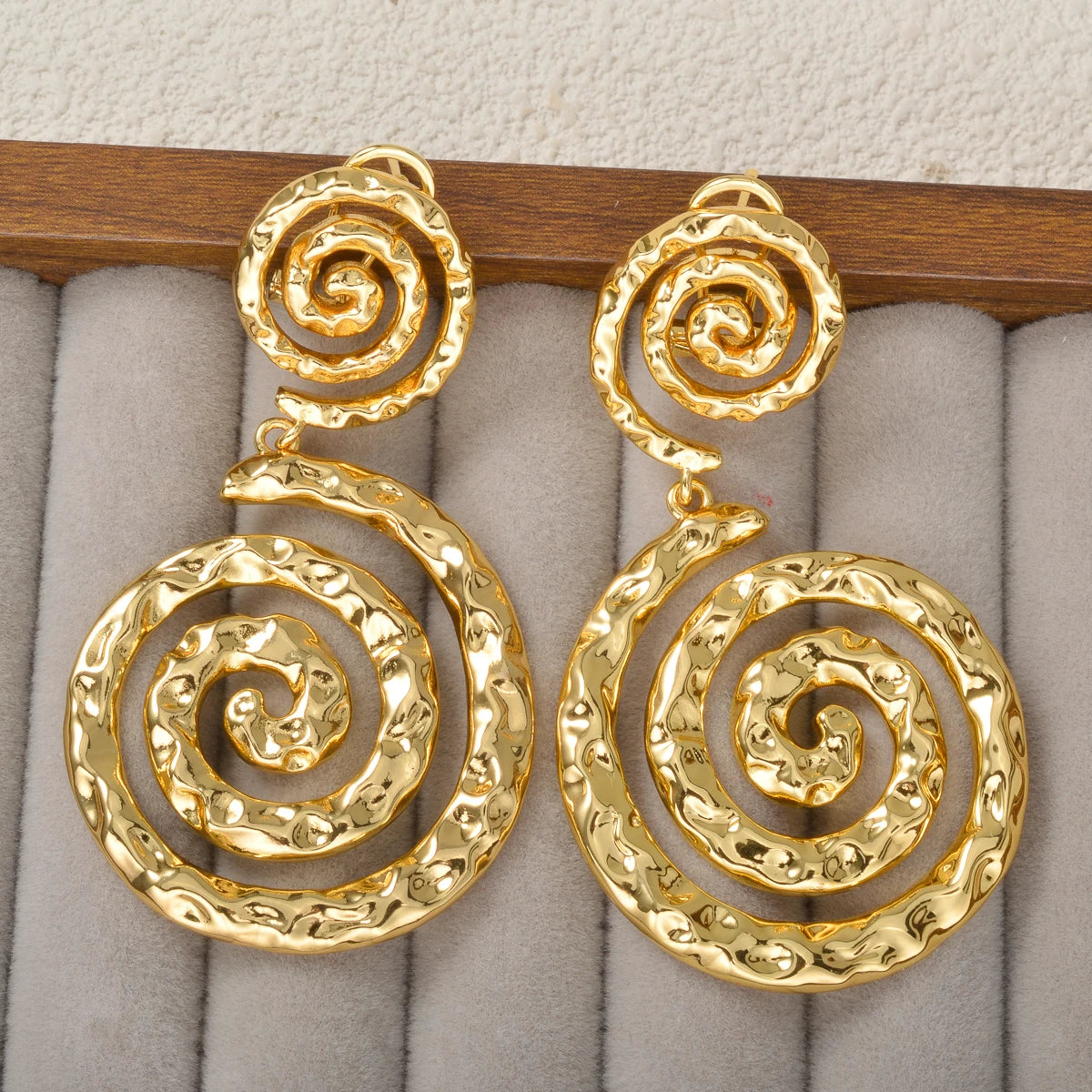 Gold Plated Hammered Heart/Round Spiral Drop Earrings Double Layer Statement Dangle Jewelry For Women Bohemian Vintage Style