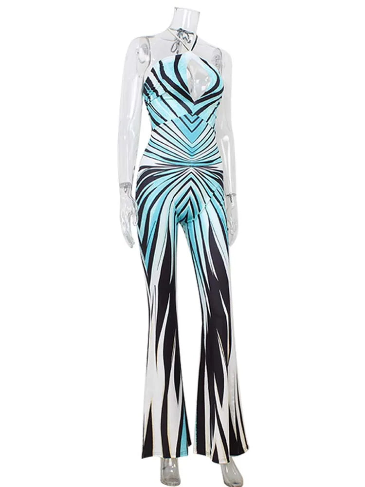 Ahagaga Fashion Printed Women Jumpsuits Halter Bandage Hollow Out Striped Skinny Flare Pants Sexy Streetwear Rompers Female