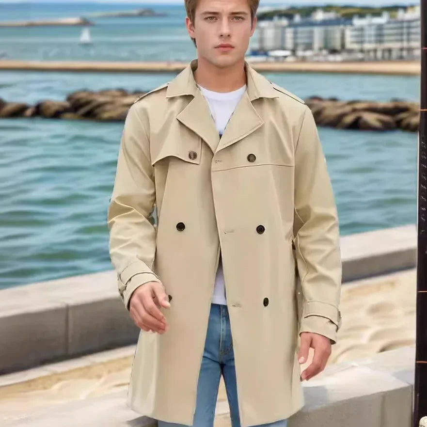 European and American Men's Lapel Slim Fit Double-Breasted Casual Coat Spring and Autumn Solid Color Long Sleeve Windbreaker