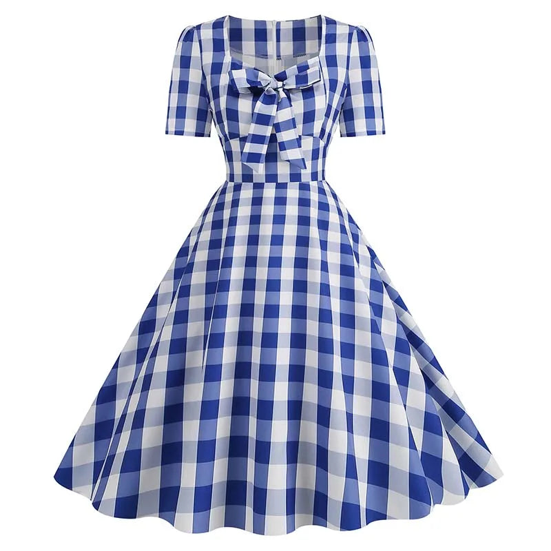 Green Plaid Swing Party Dresses Women Elegant Vintage Square Collar Short Sleeve Casual Summer Dress