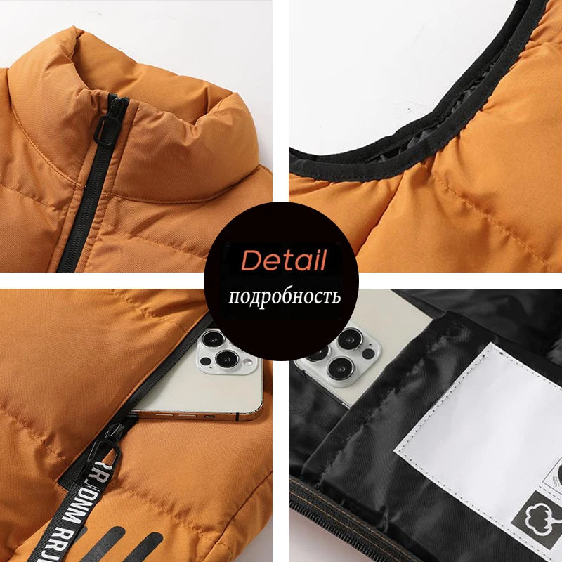 Winter Man Windproof Casual Warm Sleeveless Vest Men Stand Collar Multi Pocket Vests Male Puffer Outdoor Jogging Sport Waistcoat