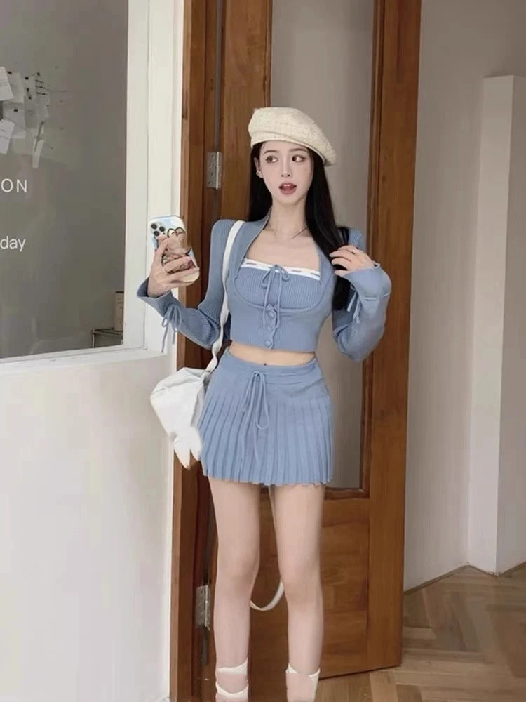 Woman Y2k Matching 3 Piece Set New Products Sweet Solid Knitted Cropped Patchwork Vest Slim Cardigan Mini Pleated Skirt Autumn