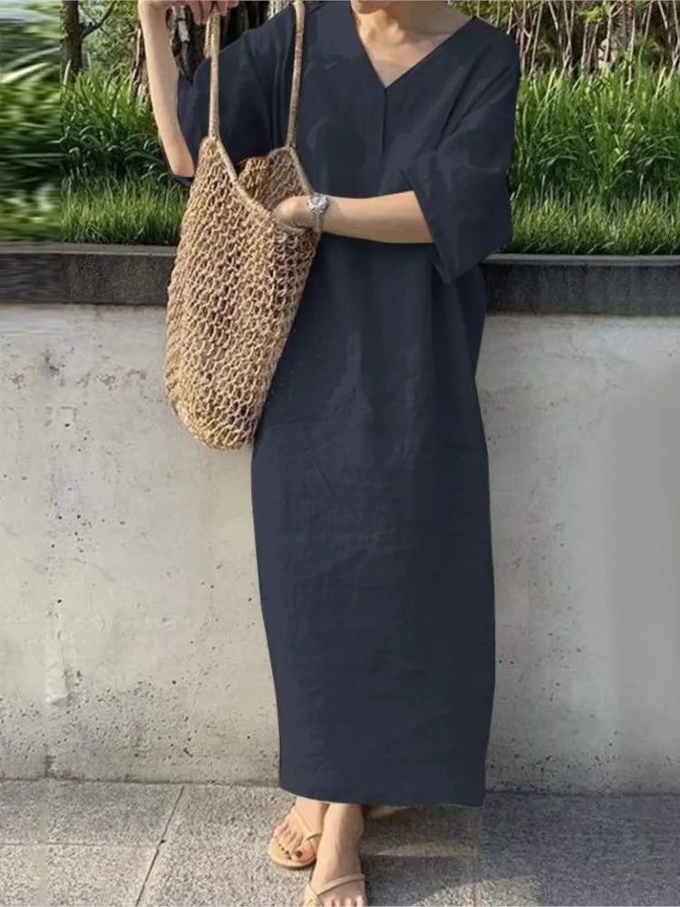 Women V Neck Button Short Sleeve Loose Maxi Dresses Summer Casual Female Holiday Beachwear Solid Color Cotton Linen Party Dress