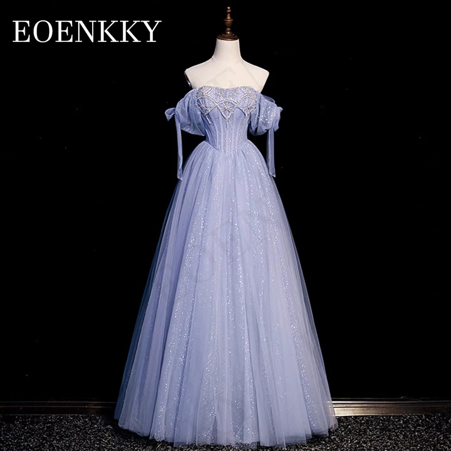 Princess Luxury Crystal Prom Dress Blue Glitter Puff Sleeves A Line Banquet Party Dresses Women vestidos para eventos especiales
