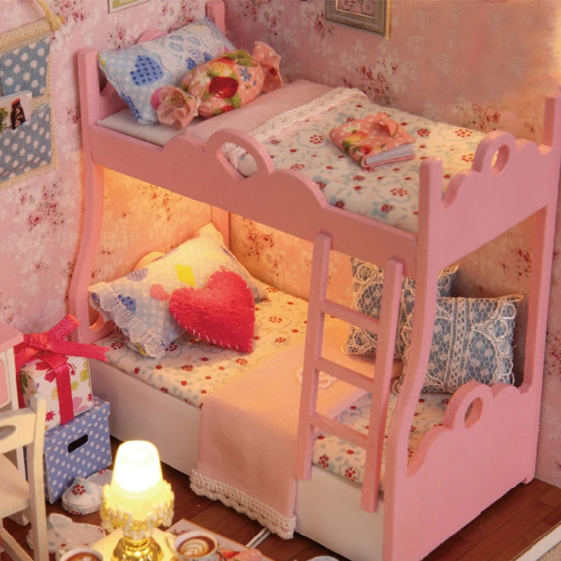 子猫ミニドールハウスモデルビルディング組み立てハウスホームキットクリエイティブルームベッドルーム装飾家具付き誕生日ギフト